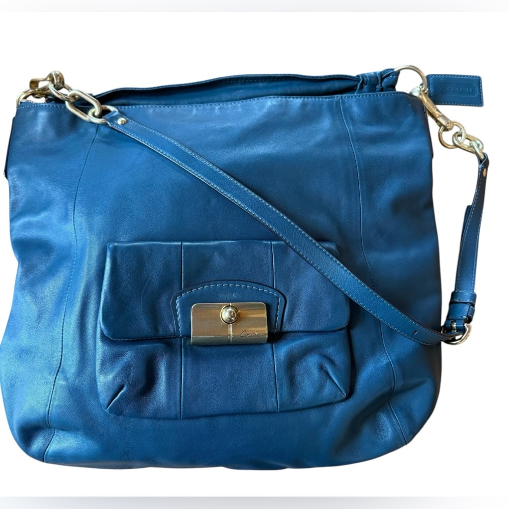Coach Teal blue Leather Buckle Bag Shoulder Bag w/ handle  and cross body strap